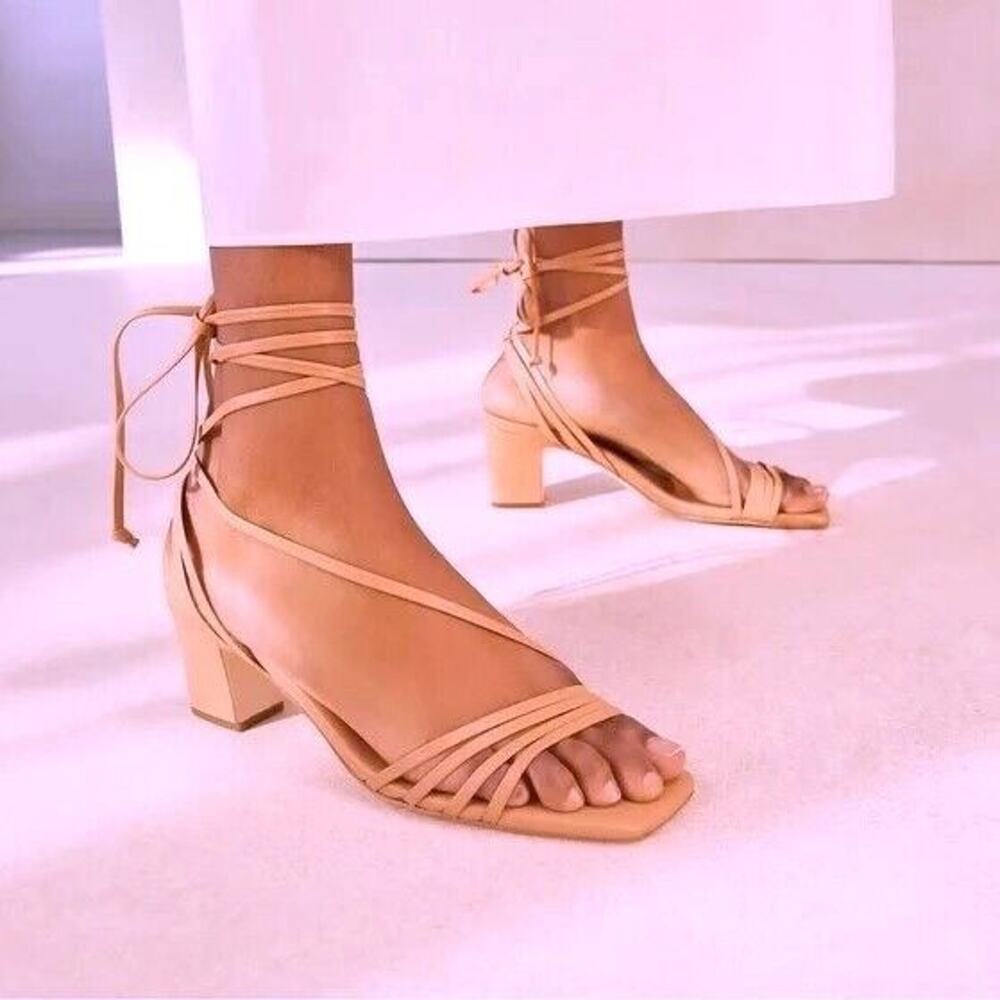 New OpBx Loeffler Randall‎ Prisca Ankle Wrap Sandals Leather Strappy Dune Size 7